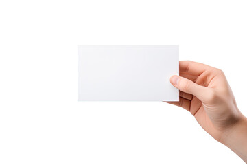 Obraz premium A human hand holding a blank sheet of white paper or card isolated on white background