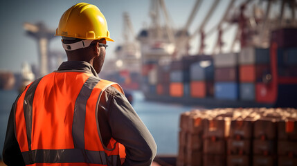 A senior port worker from behind in front of cargo container stacked with a safety vest and protective helmet. Logistic transportation business.