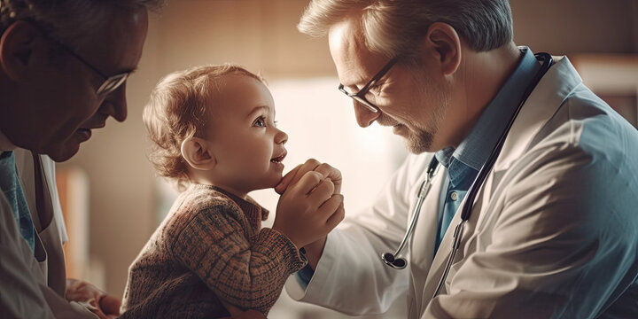 Doctor performing a baby's physical examination with stethoscope