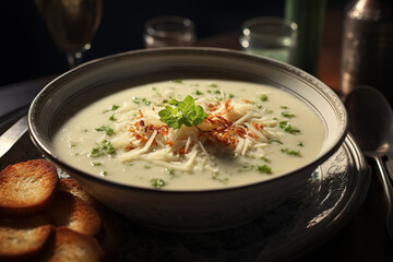 Cheese cream soup in a cup on a plate with breadcrumbs, close-up