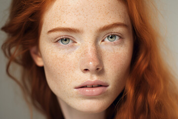 Face of beautiful woman with red hair and freckles
