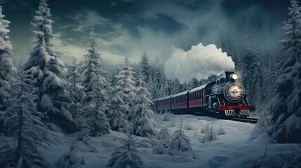 
Polar express train with smoking locomotive drives through snow-covered forest,