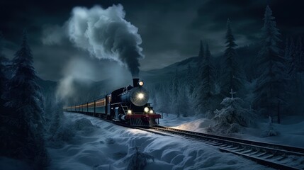 Fototapeta premium Polar express train with smoking locomotive drives through snow-covered forest,