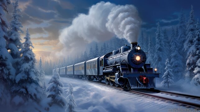 
Polar express train with smoking locomotive drives through snow-covered forest,