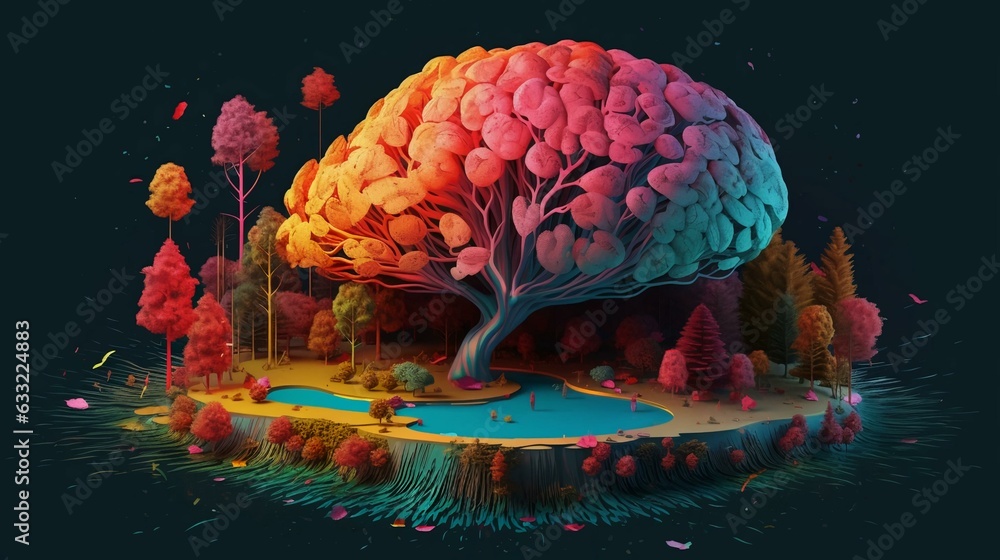 Poster abstract human brain made in the form of leaves and natural trees and plants. the concept of the uni