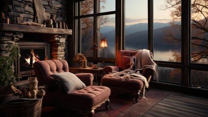 Cosy, warm living room with a burning fireplace with rain outside the window. The concept of rest and relaxation