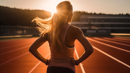 Young and fit woman running alone on track stadium. beautiful young female athlete running on running track back view on blur background