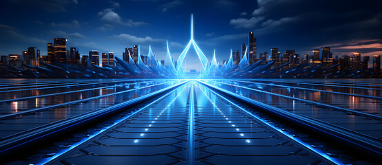 a cityscape that has a very futuristic looking train track with light blue lines and the night