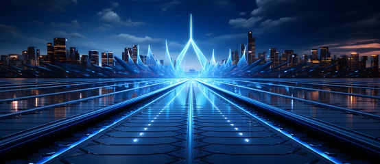 Poster de jardin Chemin de fer a cityscape that has a very futuristic looking train track with light blue lines and the night