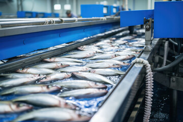 Raw sea fish on a factory conveyor. Production of canned fish.