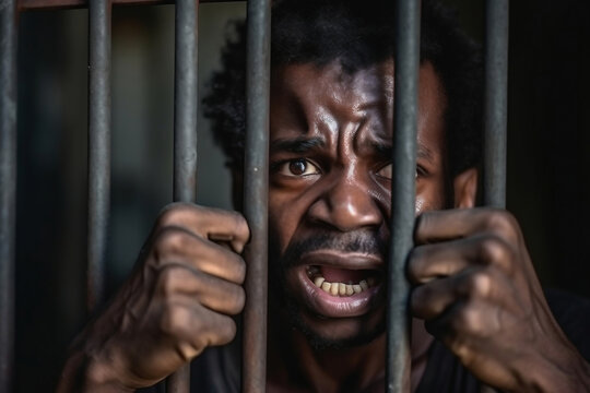 African American man stands behind prison cell bars and looks at camera. Prisoner serves imprisonment term in jail. Criminal in correctional facility or detention center. portrait.