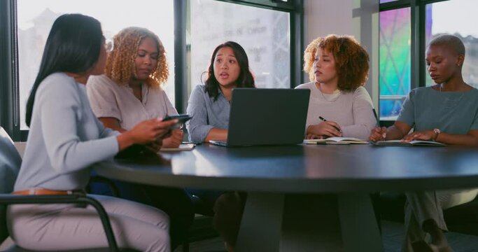 Laptop, research or startup programmer women team for writing idea, app coding or data analysis in office. Hacker, developer or business meeting on tech for software, programming or analytics review.