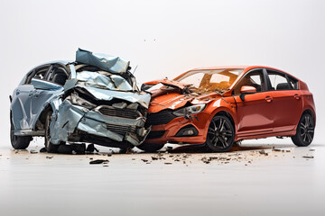 two Cars accident violently facing each other, on isolated white background Generative ai - obrazy, fototapety, plakaty