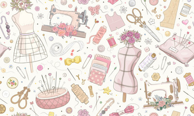 Seamless pattern with hand drawn sewing elements. Hand made wallpaper. Sewimg tools. Seamstress atelier tailoring background. Retro style. Vector illustration