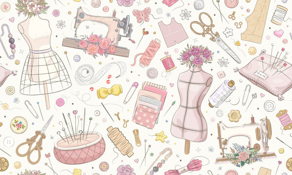 Seamless pattern with hand drawn sewing elements. Hand made wallpaper. Sewimg tools. Seamstress atelier tailoring background. Retro style. Vector illustration