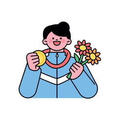 An athlete rejoices with a gold medal around his neck and a flower in one hand.