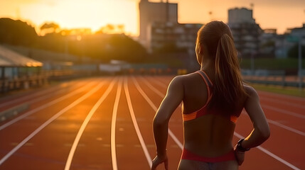 Young and fit woman running alone on track stadium. beautiful young female athlete running on running track back view on blur background