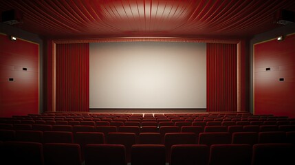 Empty futuristic cinema with curtains and a white empty blank screen