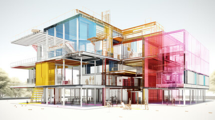 Wireframe of building. sketch design. Digital project visualization