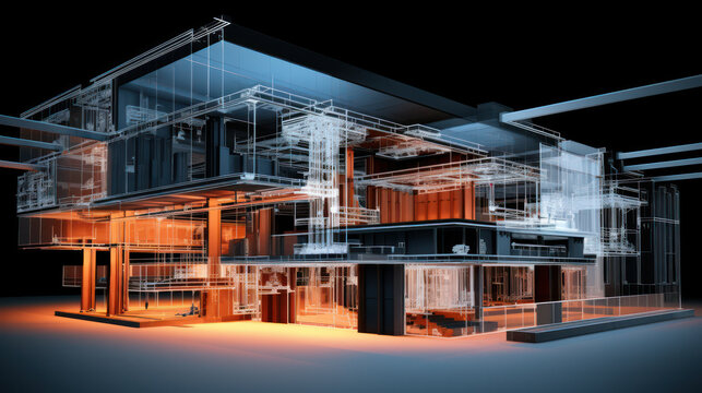 Wireframe of building. sketch design. Digital project visualization