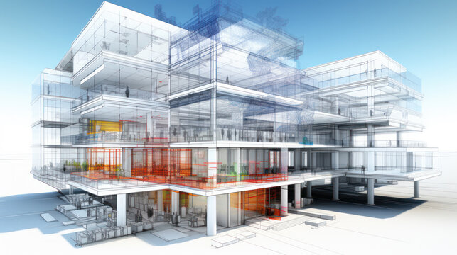 Wireframe of building. sketch design. Digital project visualization