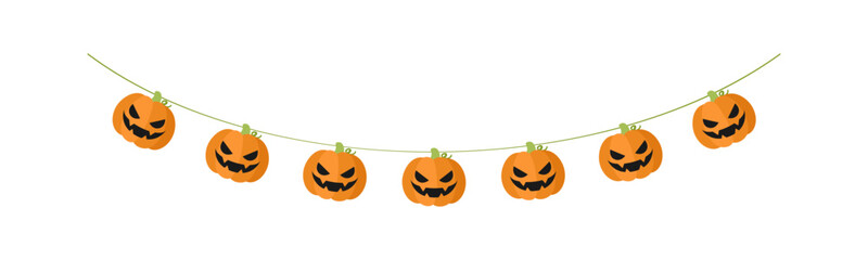 Cute Jack O Lantern Evil Pumpkin Garland for Halloween. Simple banner hanging party classy decor vector element.