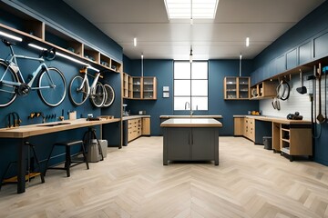 Interior of modern bicycle garage or workshop with many professionals tools and equipment. Created with Generative AI technology - obrazy, fototapety, plakaty