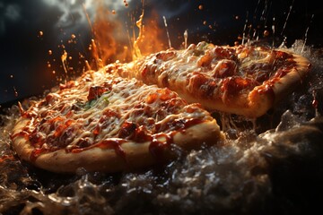 Obraz na płótnie Canvas Delicious huge pizza cut in half, AI generation