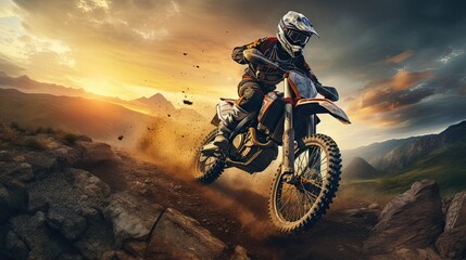 Motocross rider on a motorcycle extreme sports driving on mountain hills