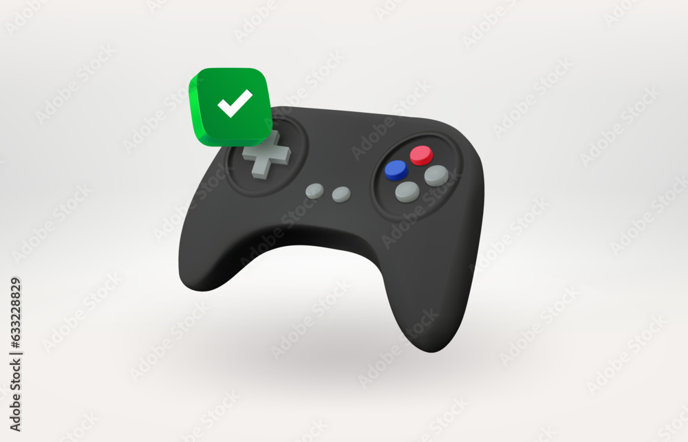 Aufkleber Gamepad icon with green check mark. 3d vector icon 
