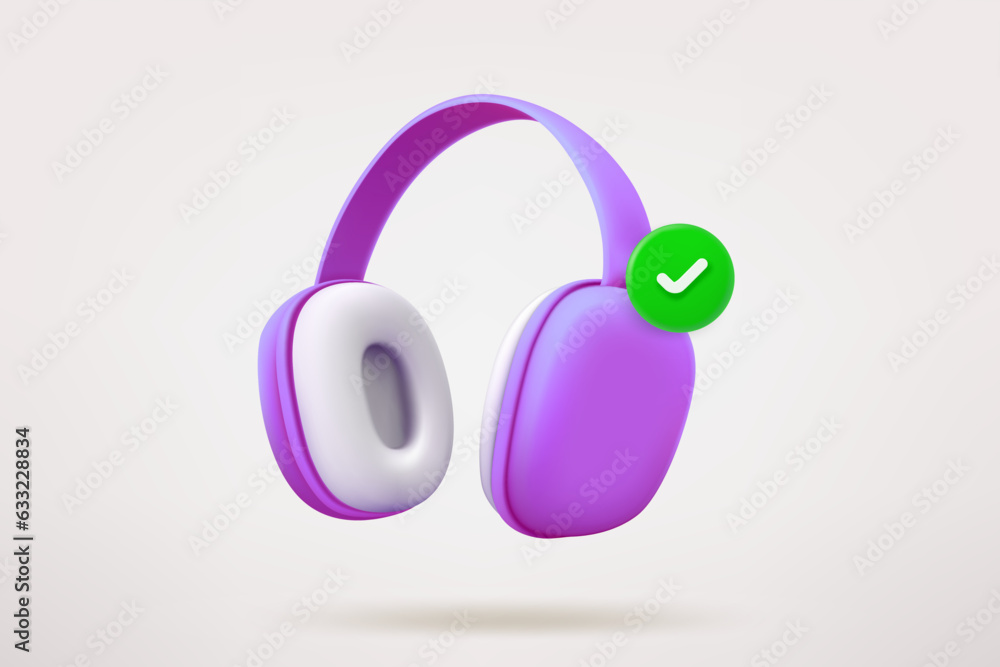 Poster headphones with checkmark. 3d vector icon