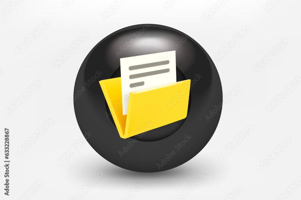 Poster black ball with file folder icon. 3d vector illustration