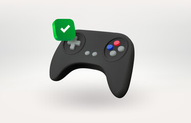 Gamepad icon with green check mark. 3d vector icon 
