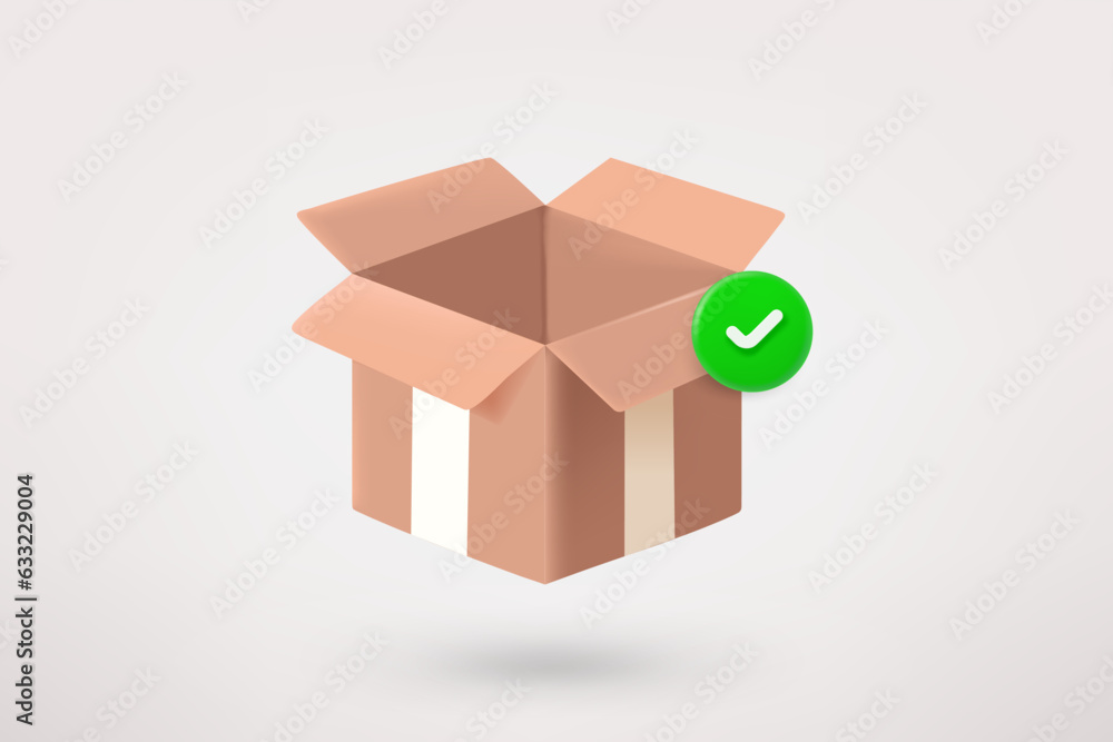 Aufkleber opened postage box with green checkmark. 3d vector icon
