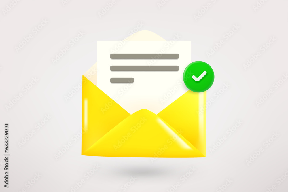 Poster yellow envelope with green checkmark. 3d vector icon