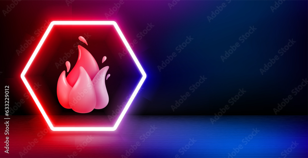 Poster Product showcase and shining neon frame with flame. 3d vector banner with copy space