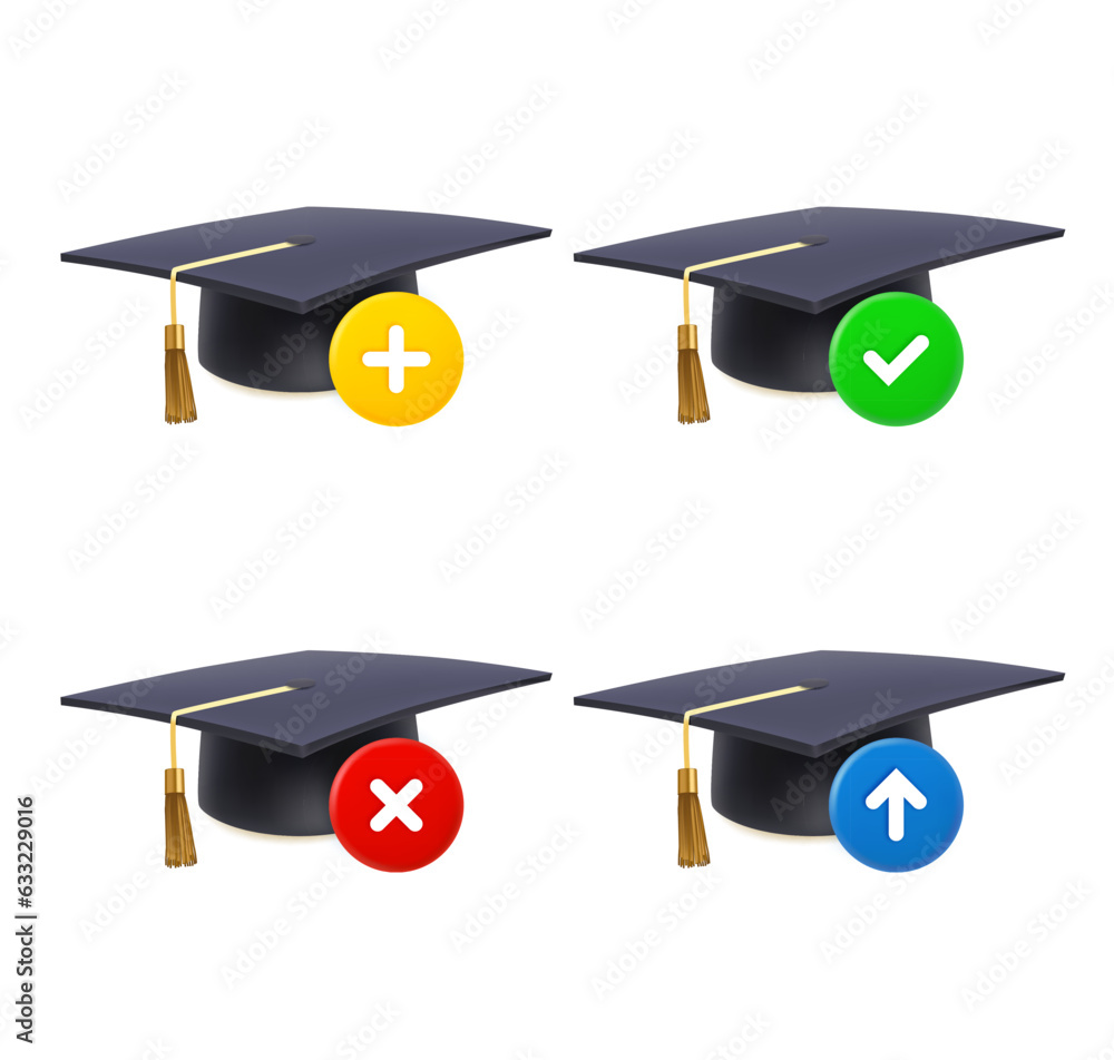 Poster graduation cap icon set with different pictograms. 3d vector icons set