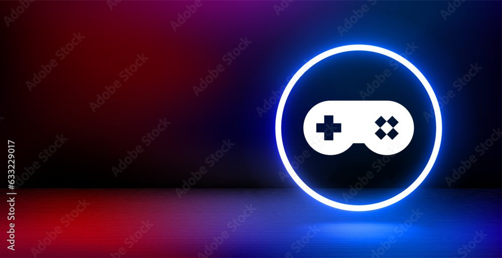 Poster banner with shining neon frame and air balloon icon. 3d vector banner with copy space