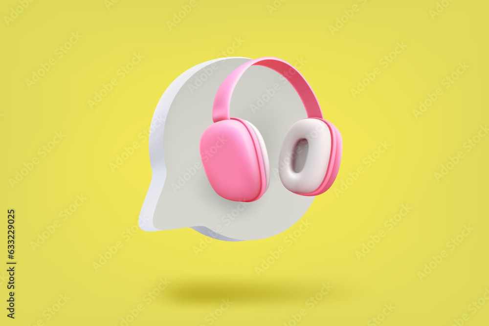 Poster speech bubble with headphones. voice message concept. 3d vector illustration