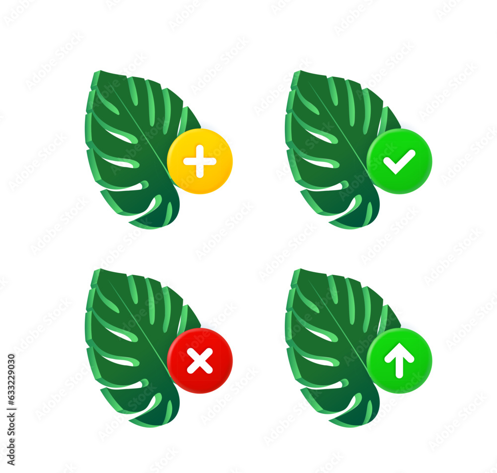 Poster Green leaf icons set with different pictograms. 3d vector icons set isolated on white background