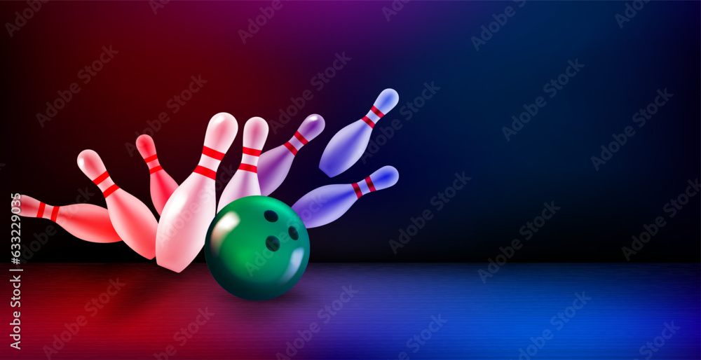 Poster billiard skittles and the ball on bowling valley. 3d vector banner with copy space