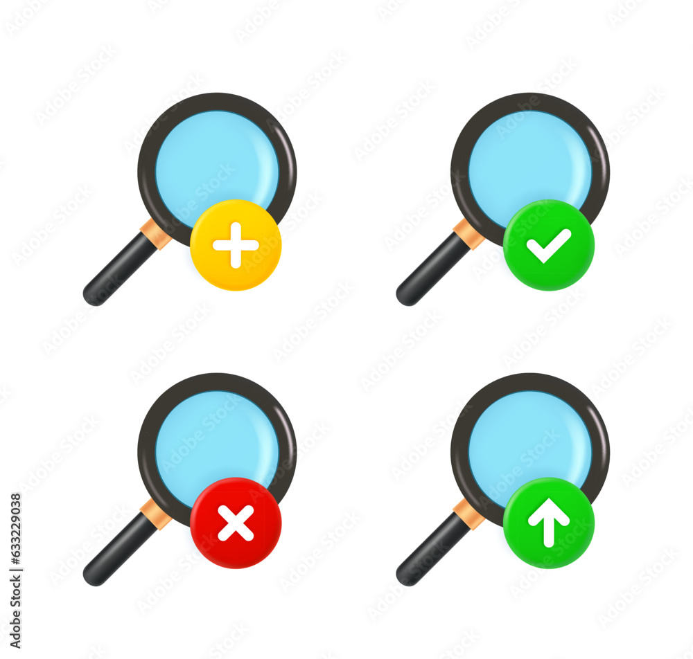Poster magnifiyng glass icon set with different pictograms. 3d vector icons set