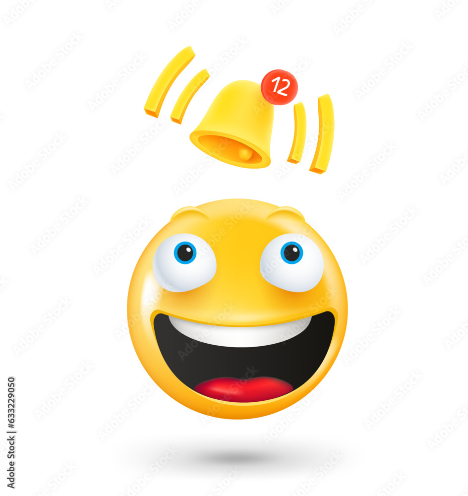 Poster yellow cute emoji face with notification bell. new messages concept. 3d vector illustration