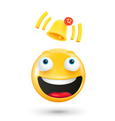 Yellow cute emoji face with notification bell. New messages concept. 3d vector illustration 