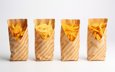Craft packaging designed to house chips, french fries, and other ready-made food items.