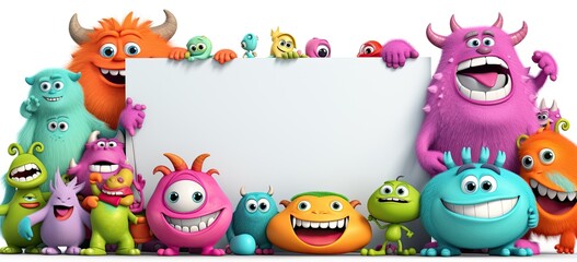 Colorful cartoon ensemble with cute monster showcasing empty sign. Customizable artwork for messaging and creative projects. Concept of versatile character illustration.
