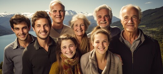 Multigenerational family portrait, smiling outdoors, against scenic backdrop. Concept of togetherness and family bonds.