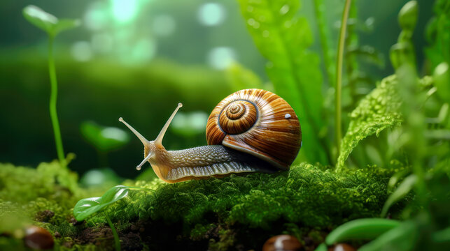 Snail Crawling on a Green Background AI Generative