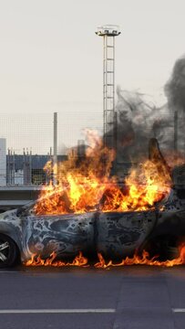 Car on fire. Burning Car. Transport explosion. Accident on roadside. Car engulfed in flames with lot of smoke. Burning car body, burning iron, broken car on fire. Vertical,&nbsp;vertical video background. 