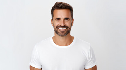 Obraz premium portrait of an caucasian male model with short black hair isolated against a white background